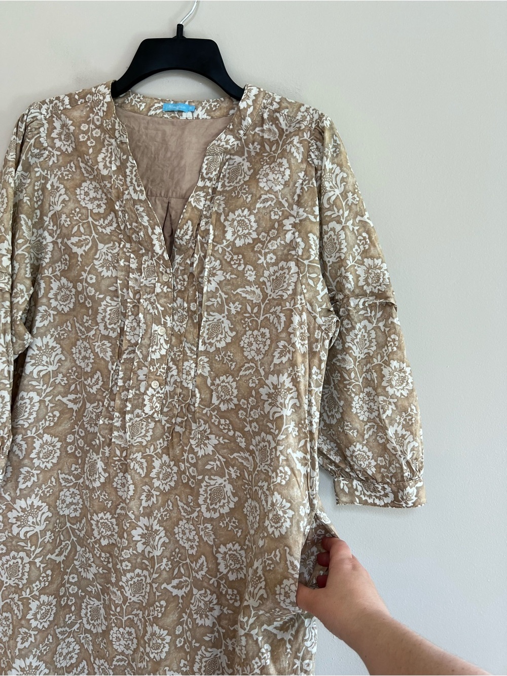 J. McLaughlin Cotton Button Front Puff Sleeve Sabina Shift Tan Floral Dress, M - Picture 6 of 12